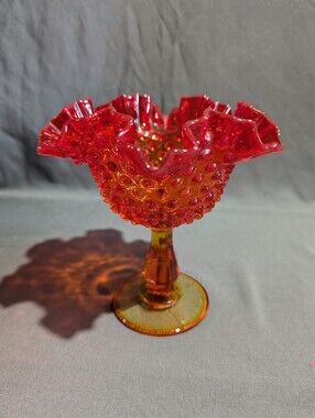 Vintage Fenton Amberina Hobnail Ruffled Compote Pedestal Dish Glows